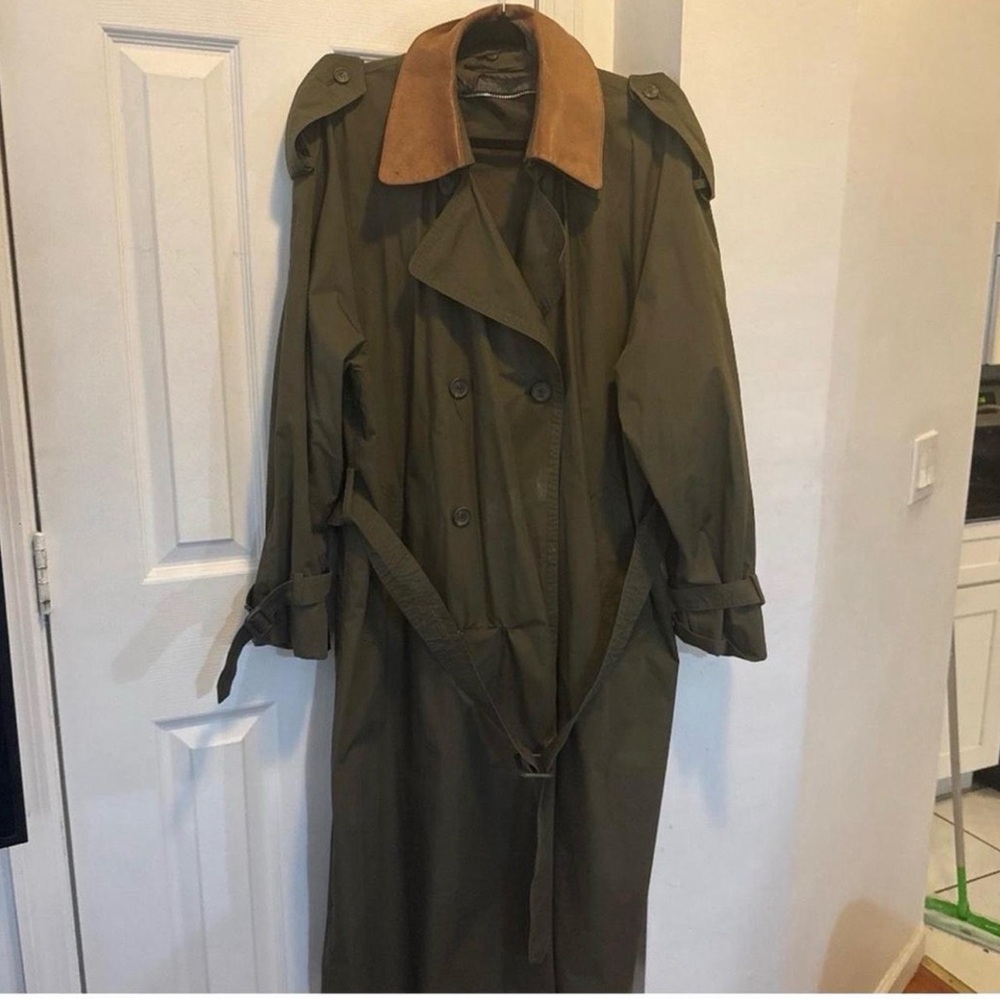 Olive Green Trench Coat with Tan Collar
